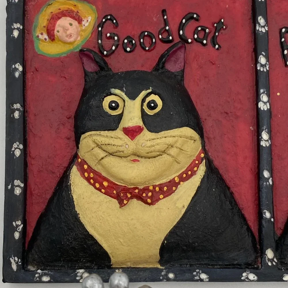Good Cat Bad Cat Angel Devil Resin Wall Plaque Double Hook Leash Hanger Tuxedo